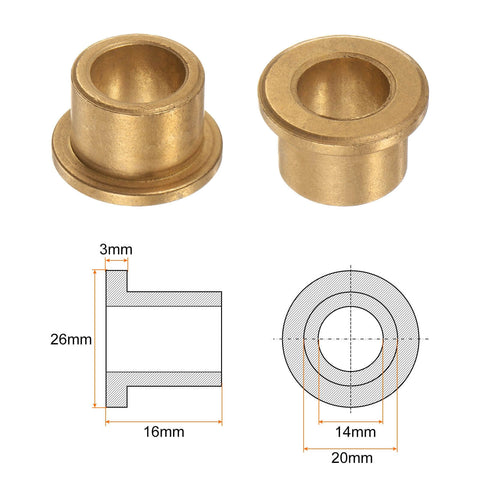 Heavy Duty Bronze Flange Bearing Sleeve 14mm Bore 20mm OD 16mm Length 3mm Flange Thickness 26mm Flange Diameter Self Lubricating Bushing Two Pack