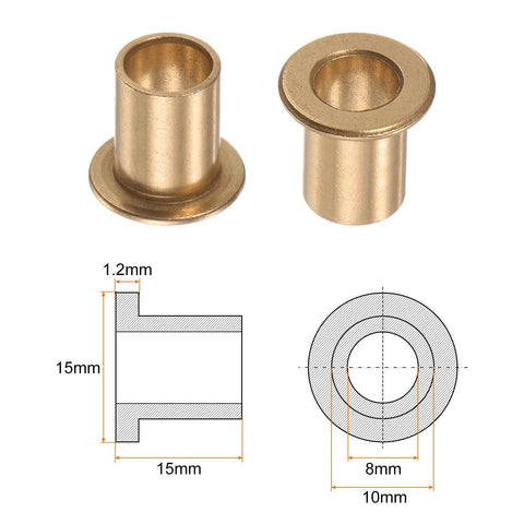 2 Pieces Flange Bearing Sleeve Bronze Self Lubricating 8mm Bore 10mm OD 15mm Length Flange Diameter 15mm Diagram View