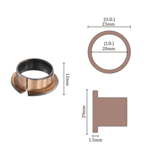 Two Pieces Flange Sleeve Bearings 20mm Bore 23mm Outside Diameter 12mm Total Length 29mm Flange Diameter One Point Five Millimeter Flange Thickness