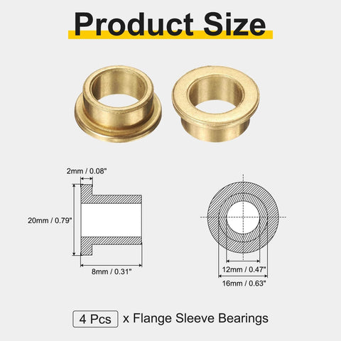 4 Pack Self Lubricating Sintered Bronze Flange Sleeve Bearings, 12mm Bore x 16mm OD x 8mm Length, with size diagram