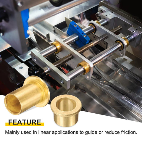 Six Pcs Flange Sleeve Bearings With 16mm Bore, 20mm OD, And 16mm Length, Self Lubricating Sintered Bronze Bushings used in machinery.