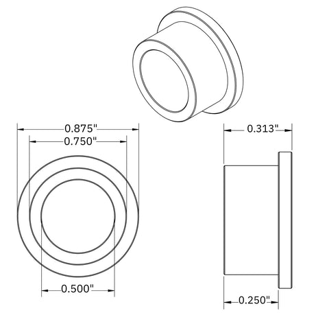 Diagram of oil impregnated bronze flanged bushings with 0.500 in bore, 0.750 in OD, 0.875 in flange, 0.313 in width for axles and machinery.