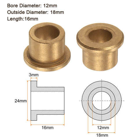 2 Pack Bronze Oilless Flanged Sleeve Bearings 12mm x 18mm x 16mm for equipment and machinery use, gold tone, showing dimensions.