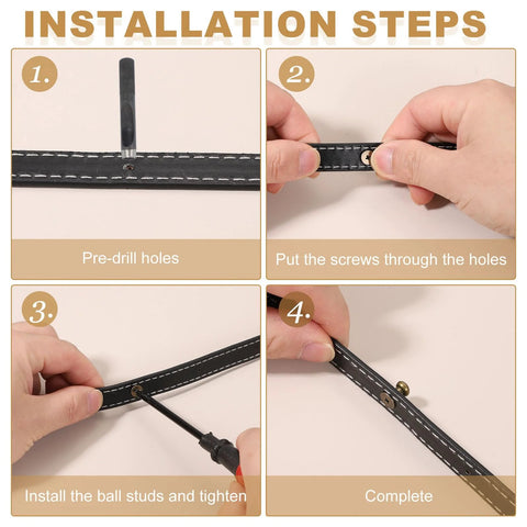 Installation steps for Bronze Ball Head Leather Rivet Set on black leather, showing pre-drilling, screw placement, and tightening sequence.
