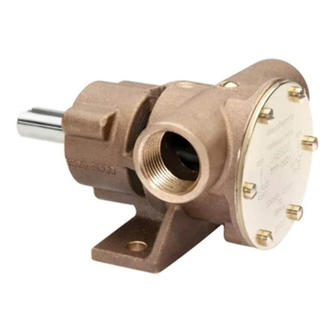 Front view of 777-9001 Marine Pulley Driven Flexible Impeller Pedestal Mount Pump (62-GPM, Neoprene Impeller, Full Cam, Face Seal, 1" NPT Ports), Bronze.
