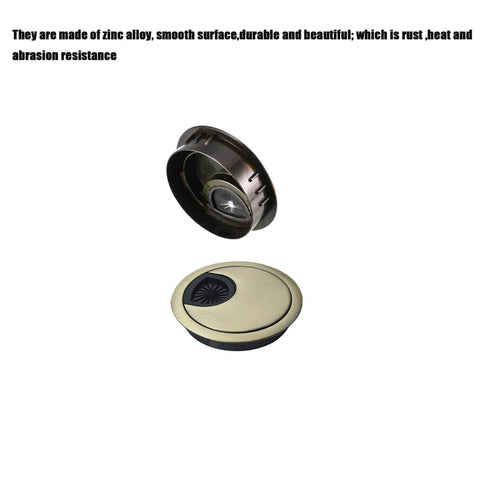 Bronze Desk Grommets 4 Pack 2 Inch Diameter Cable Hole Covers shown with hole saw, ideal for office and home desks.