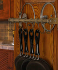 Pot Rack - Pots & Pans Hanging Rack with 8 Hooks, Double Bars, Wall Mounted, Bronze, Pack of 2 installed on wood wall