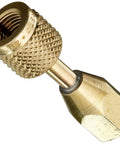 Pro Grade Quick Coupler For Recovery Tank Pressure Checks With Gauge Compatibility, Bronze Finish, knurled grip detail view