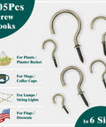 105 Pcs Screw Hooks, 6 Sizes Bronze Cup Hooks, Screw Hooks for Hanging shown with various uses for plants, mugs, and decorations.