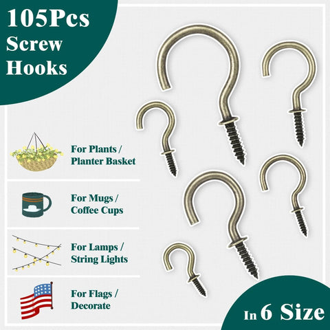 105 Pcs Screw Hooks, 6 Sizes Bronze Cup Hooks, Screw Hooks for Hanging shown with various uses for plants, mugs, and decorations.