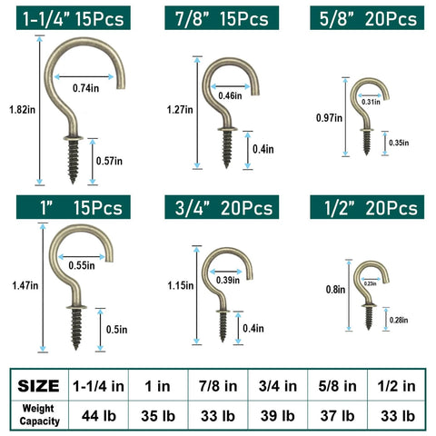 105 Pcs Screw Hooks, 6 Sizes Bronze Cup Hooks, Screw Hooks for Hanging, Metal Cup Hooks Screw in with size and weight capacity chart