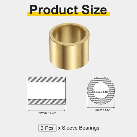 Set Of 3 Self Lubricating Sintered Bronze Sleeve Bearings With 30mm Bore 38mm Outer Diameter And 32mm Length for machinery