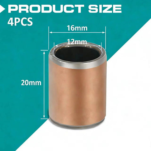 Four Pack Sleeve Bearings 12x16x20mm Oilless Self Lubricating Bronze Bushings with product dimensions displayed.