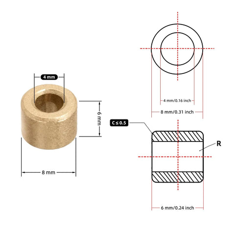 Technical diagram of Oil Impregnated Sintered Bronze Sleeve Bearing Bushing 4mm ID By 8mm OD By 6mm Length, showing dimensions.