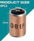 20 Piece Value Pack Oilless Self Lubricating Bronze Sleeve Bearings with 8mm bore, 10mm OD, 15mm length; size details shown