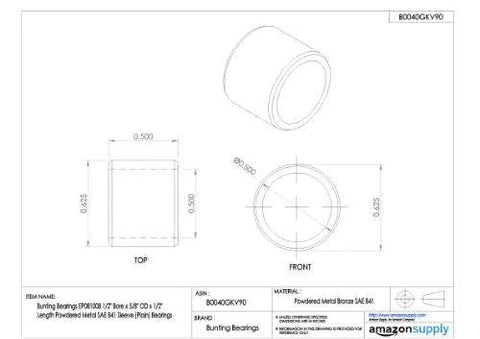 Technical drawing of Plain Bronze Sleeve Bearing Self Lubricating Powdered Metal SAE 841 Bore One Half Inch OD Five Eighths Inch