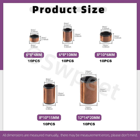 Five Size Sleeve Bearing Assortment Kit With Ten Pieces Each Size 6x8x4mm 6x8x10mm 8x10x6mm 8x10x15mm 12x14x20mm product display