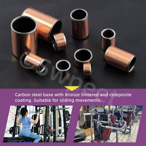 Five Size Sleeve Bearing Assortment Kit With Ten Pieces Each Size 6x8x4mm 6x8x10mm 8x10x6mm 8x10x15mm 12x14x20mm Plain Bearings Wrapped Oilless Bronze Sintered Bushings, displayed with gym equipment images.