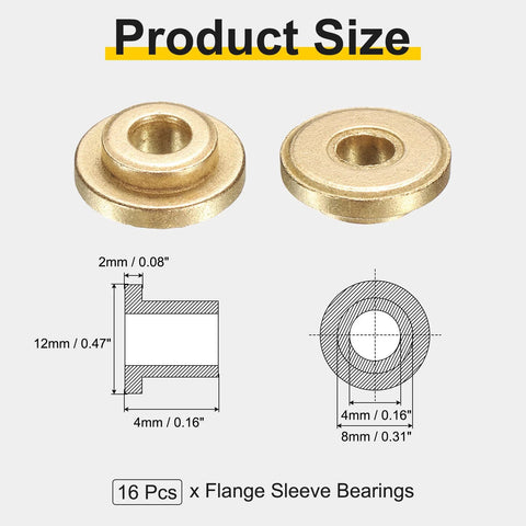 Diagram showing 16 Pcs Flange Sleeve Bearings 4mm Bore 8mm OD 4mm Length with dimensions and design details for precision applications.