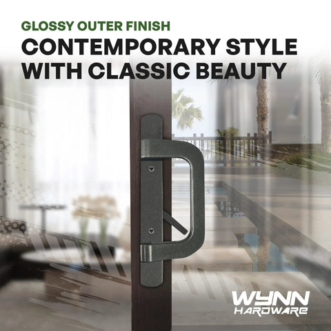 Bronze PGT Sliding Door Handle Set For Replacement And Repair, Fits 3-15/16 Inch Hole Spacing, installed on glass door