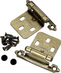 Antique brass cabinet hinges with screws, 2-pack, showcasing detailed hinge design and mounting holes.