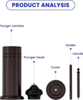 Components of Anti Hand Off Toilet Plunger With Holder For Bathroom Heavy Duty Bronze Finish with canister, plunger head, cover, and holder.