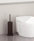 Anti Hand Off Toilet Plunger With Holder, bronze finish with rust-resistant iron canister beside toilet for deep cleaning clogs.