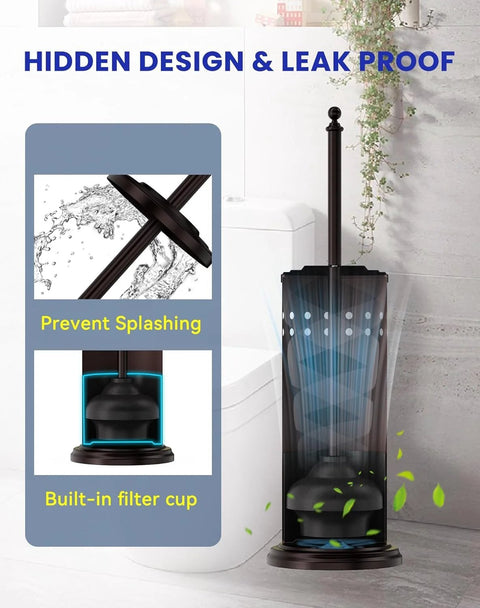 Anti Hand Off Toilet Plunger with Holder, bronze finish, rust-resistant iron and powder-coated canister for deep cleaning clogs.