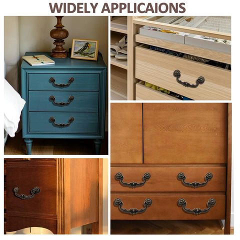 Vintage Drop Bail Drawer Pulls installed on various dresser and cabinet styles, 6 inch center to center bronze handles, 4 pack