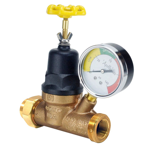 Heavy Duty Three Quarter Inch Bronze Double Union Threaded Water Pressure Regulator With Gauge From Apollo, Lead Free Bronze Construction