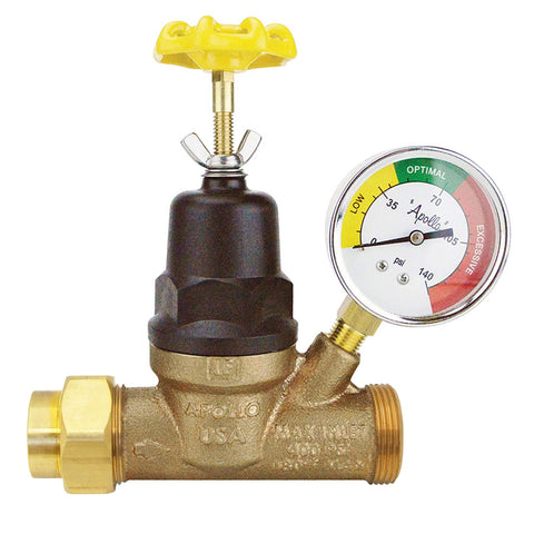Heavy Duty Three Quarter Inch Bronze Double Union Threaded Water Pressure Regulator With Gauge From Apollo, Lead Free Bronze Construction