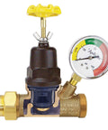 Heavy Duty Three Quarter Inch Bronze Double Union Threaded Water Pressure Regulator With Gauge From Apollo shown in full view.