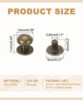 Bronze Ball Head Leather Rivet Set 20 Pieces With Screw Back, showing zinc alloy material and product dimensions