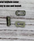 5 Pack Zinc Alloy Keyhole Covers in Bronze Tone displayed on wood surface, showing 18x8mm size and durable zinc material.