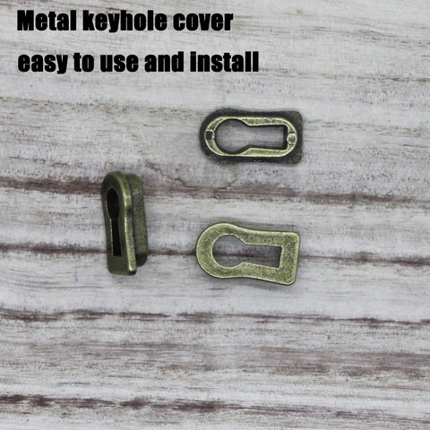 5 Pack Zinc Alloy Keyhole Covers in Bronze Tone displayed on wood surface, showing 18x8mm size and durable zinc material.