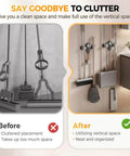 Comparison of cluttered vs. organized space using Broom Holder Mop Hanger, 2026 New No punching required Broom Hanger Organizer (2PCS Gray)