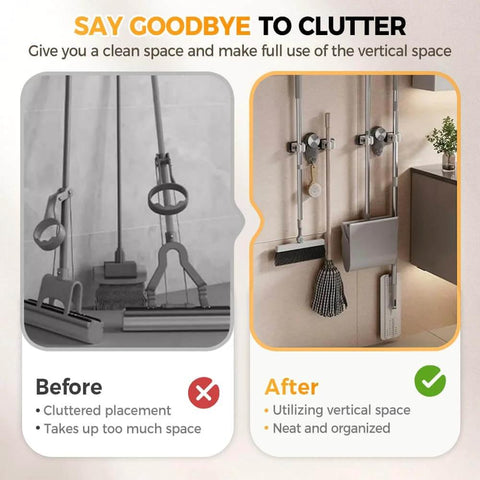 Comparison of cluttered vs. organized space using Broom Holder Mop Hanger, 2026 New No punching required Broom Hanger Organizer (2PCS Gray)