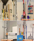 Wall Mounted Broom Holder With 4 Racks And 5 Hooks for organized storage in garden, storage room, laundry room, and tool room.