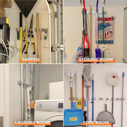 Wall Mounted Broom Holder With 4 Racks And 5 Hooks for organized storage in garden, storage room, laundry room, and tool room.