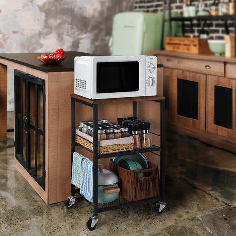 Multifunctional 3 Tier Rolling Cart On Wheels With Storage In Brown For Kitchen Bar Pantry Bathroom And Office Sturdy Metal Frame And Wood Shelves Versatile Utility Cart For Small Spaces shown in kitchen with dishes and microwave