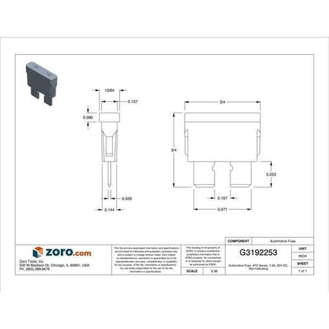 Technical diagram of Brown 7.5 Amp ATC Fast Acting Automotive Blade Fuses 32VDC 5 Pack For Cars Trucks Marine Electronics.