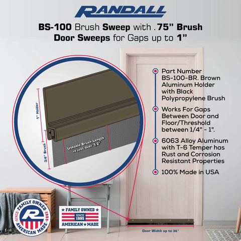 Door Sweeps - Aluminum & Brush - Brush Sweeps for Gaps Up to 1” - Brown Trim with Black Brush, diagram showing installation details