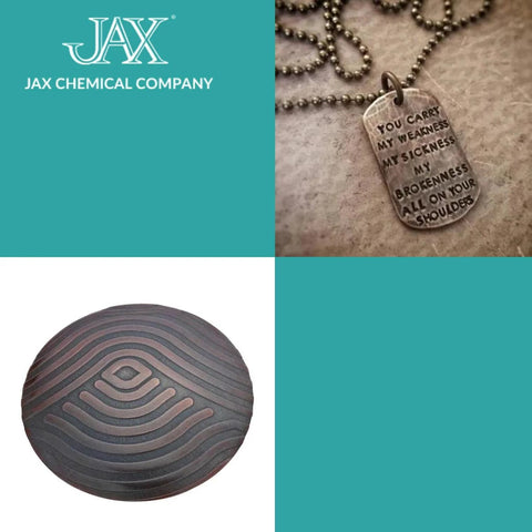 Create an authentic antique patina on bare metal with a quick, water based brown darkener shown on a decorative metal disc.