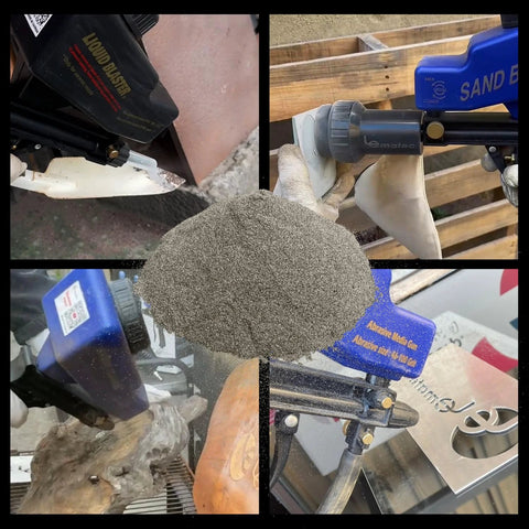 Brown Corundum Aluminum Oxide 220 Grit Blasting Media for Rust Removal and Metal Surface Prep Coating Removal 2.2 Lb Starter Bag in use
