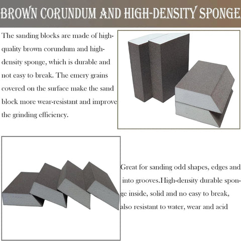 4 Pack 220 Grit Single Angle Sanding Sponges For Wood Metal Drywall, close-up of brown corundum high-density sponges.