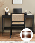 Office desk setup showing 48 Pack Brown Felt Furniture Pads For Cabinets And Home, Self Adhesive Round Bumpers, close-up inset.