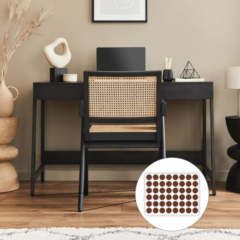 Office desk setup showing 48 Pack Brown Felt Furniture Pads For Cabinets And Home, Self Adhesive Round Bumpers, close-up inset.