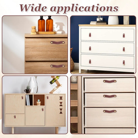 4 Pack Leather Cabinet Handles With Screws, Soft Brown Leather Pulls on various cabinets, demonstrating wide applications