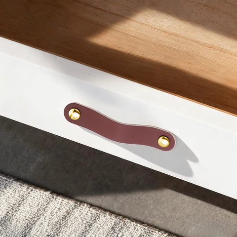 4 Pack Leather Cabinet Handles With Screws, Soft Brown Leather Pulls mounted on a white drawer for cabinets, wardrobes, and dressers.