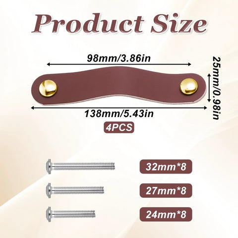 4 Pack Leather Cabinet Handles With Screws, Soft Brown Leather Pulls For Cabinets Wardrobes Drawers Dressers And Doors, size details